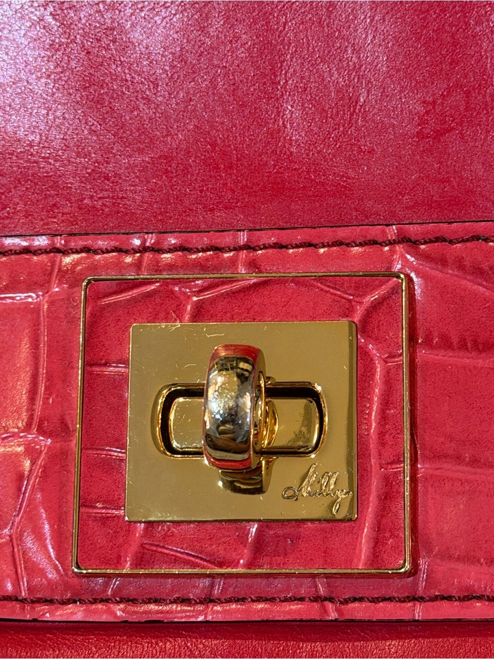 Milly Red Croc Embossed Crossbody Bag Gold Hardware Turn Lock Purse - Picture 4 of 9